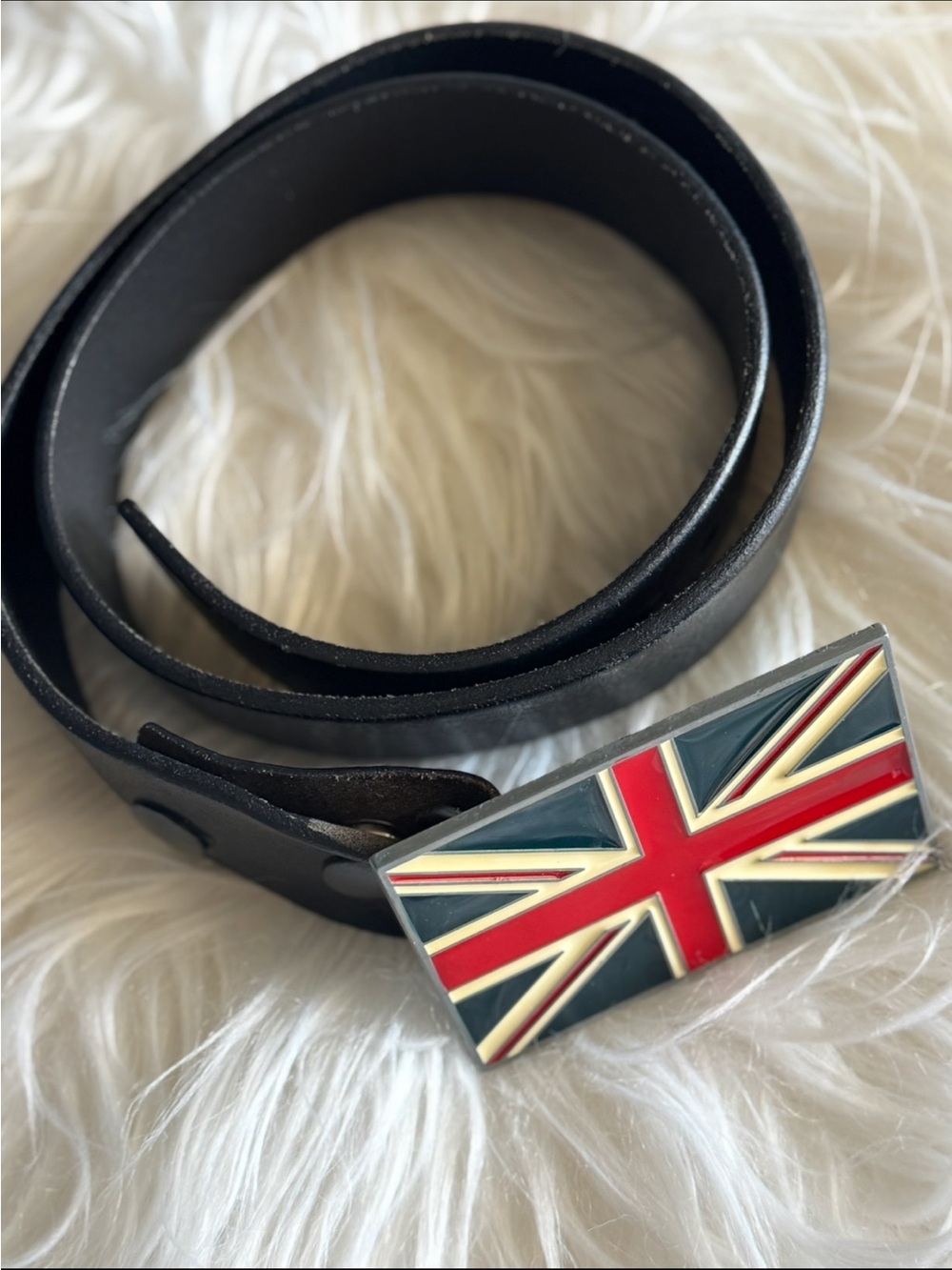 Black Leather Belt with Union Jack Flag Buckle Accent